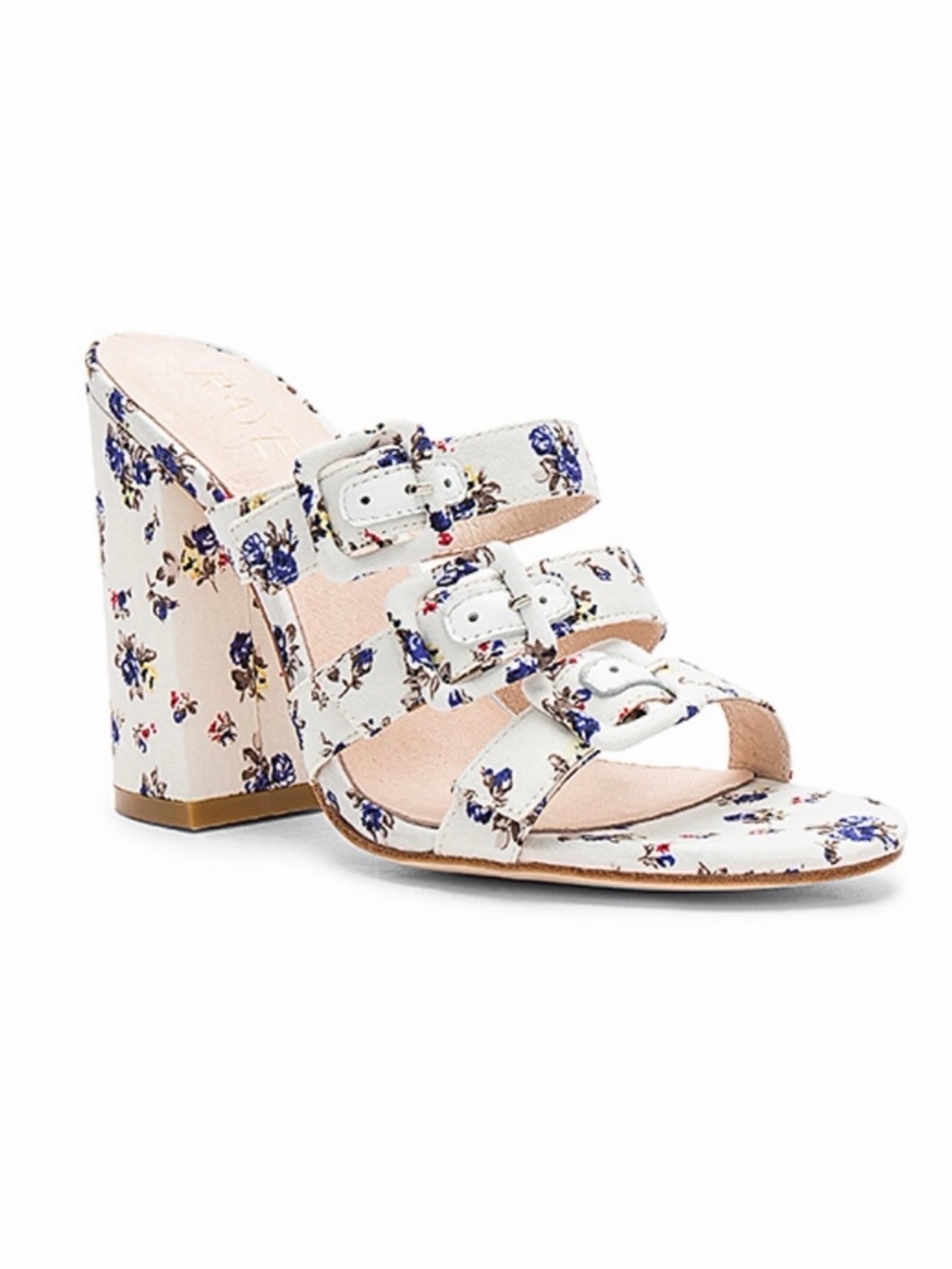 RAYE Floral Print Triple Buckle Block Heel Slide Sandals White & Purple Size 7
